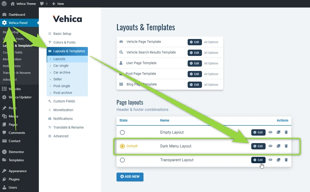Vehica Panel > Layouts & Templates in wp-admin: the "Page layouts" list shows Empty Layout, Dark Menu Layout marked Default and Transparent Layout, with arrows pointing to the menu item and to the Edit button of the default layout