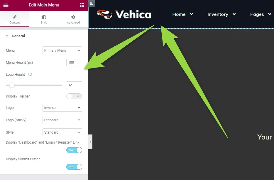 Elementor's Edit Main Menu panel on the Content tab, listing Menu, Menu Height (px), Logo Height, Display Top bar, Logo, Logo (Sticky), Style, and switches for the “Dashboard” / “Login / Register” link and the Submit button