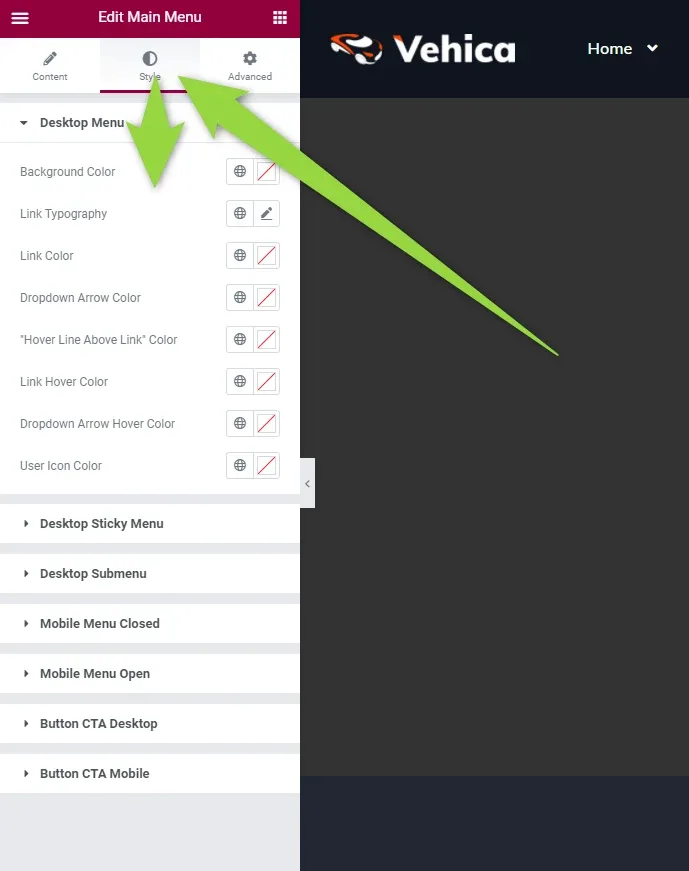 The Style tab of Edit Main Menu with the Desktop Menu group open: Background Color, Link Typography, Link Color, Dropdown Arrow Color, “Hover Line Above Link” Color, Link Hover Color, Dropdown Arrow Hover Color and User Icon Color