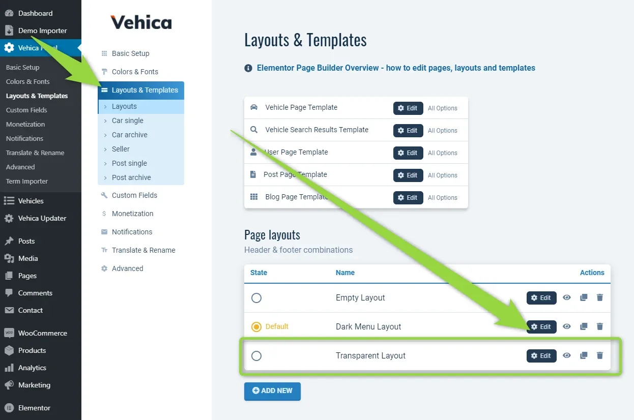 The Page layouts list in Layouts & Templates with an arrow pointing to the Edit button of the Transparent Layout row