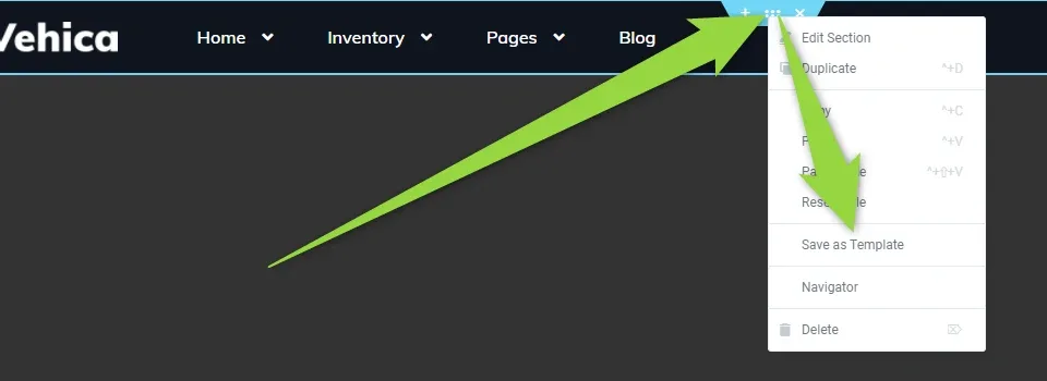 The Vehica header in Elementor with the section context menu open over it, showing Edit Section, Duplicate, Copy, Paste, Reset Style, Save as Template, Navigator and Delete