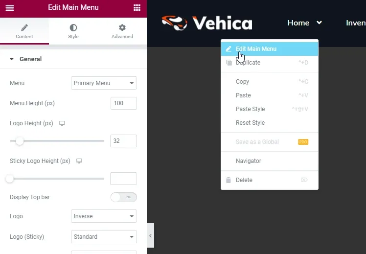 Elementor's Edit Main Menu panel on the Content tab (Menu, Menu Height, Logo Height, Sticky Logo Height, Display Top bar, Logo) next to the section context menu with "Edit Main Menu" highlighted