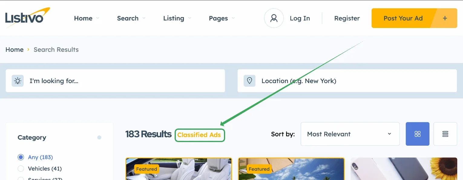 Search results page showing "183 Results" with the "Classified Ads" H1 next to it marked out.