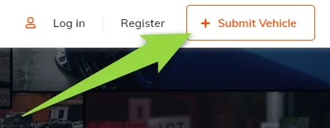 Right-hand side of the Vehica header with "Log in" and "Register" links and the orange, outlined “+ Submit Vehicle” button, with an arrow pointing at its plus icon