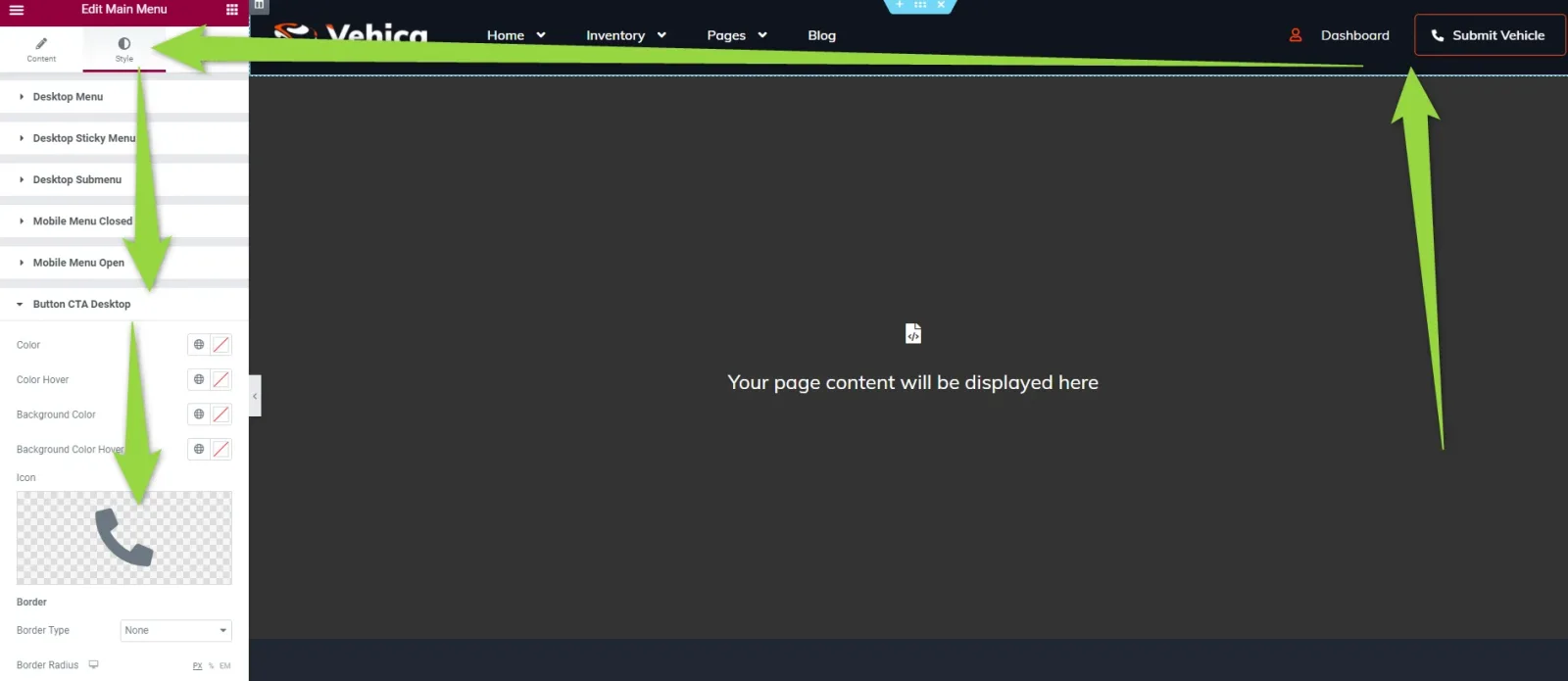 Elementor's Style tab with the "Button CTA Desktop" group expanded — Color, Color Hover, Background Color, Background Color Hover, and an Icon field holding a phone icon on a transparent background — with arrows pointing to the Style tab, the Icon field and the Submit Vehicle button in the preview