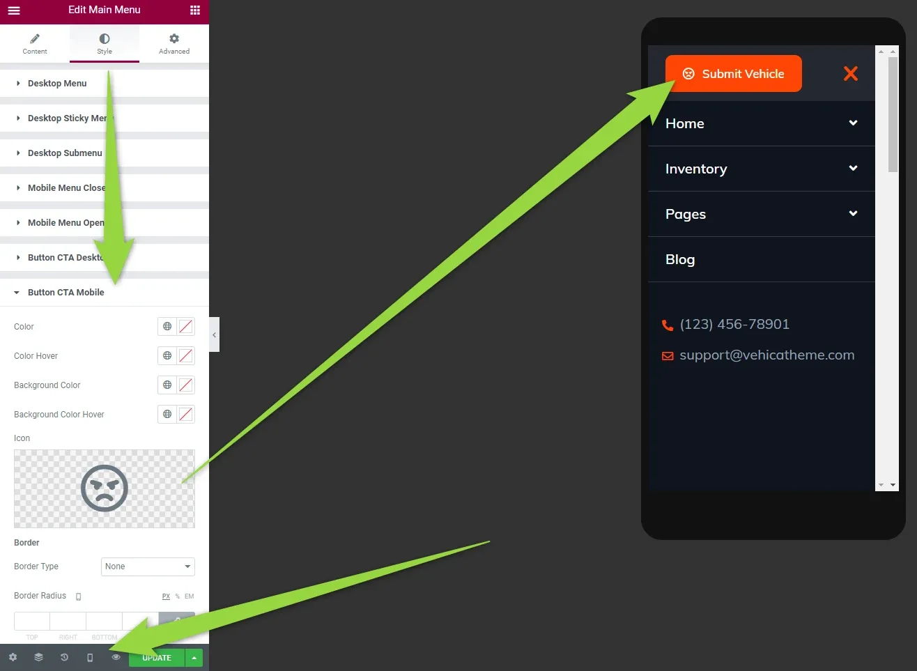 The "Button CTA Mobile" group expanded with its own Icon field holding a sad-face example icon, and the mobile preview showing the open menu with that icon on the orange Submit Vehicle button above Home, Inventory, Pages, Blog and the contact details