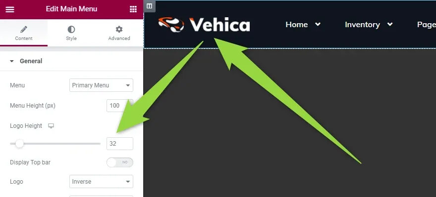 Elementor's Edit Main Menu panel with General settings — Menu: Primary Menu, Menu Height (px): 100, Logo Height: 32 with its slider — and arrows pointing to the Logo Height field and to the logo in the header preview