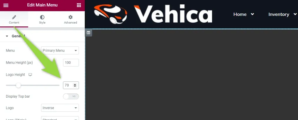 The same panel with Logo Height changed to 70, and the Vehica logo in the header preview now noticeably larger