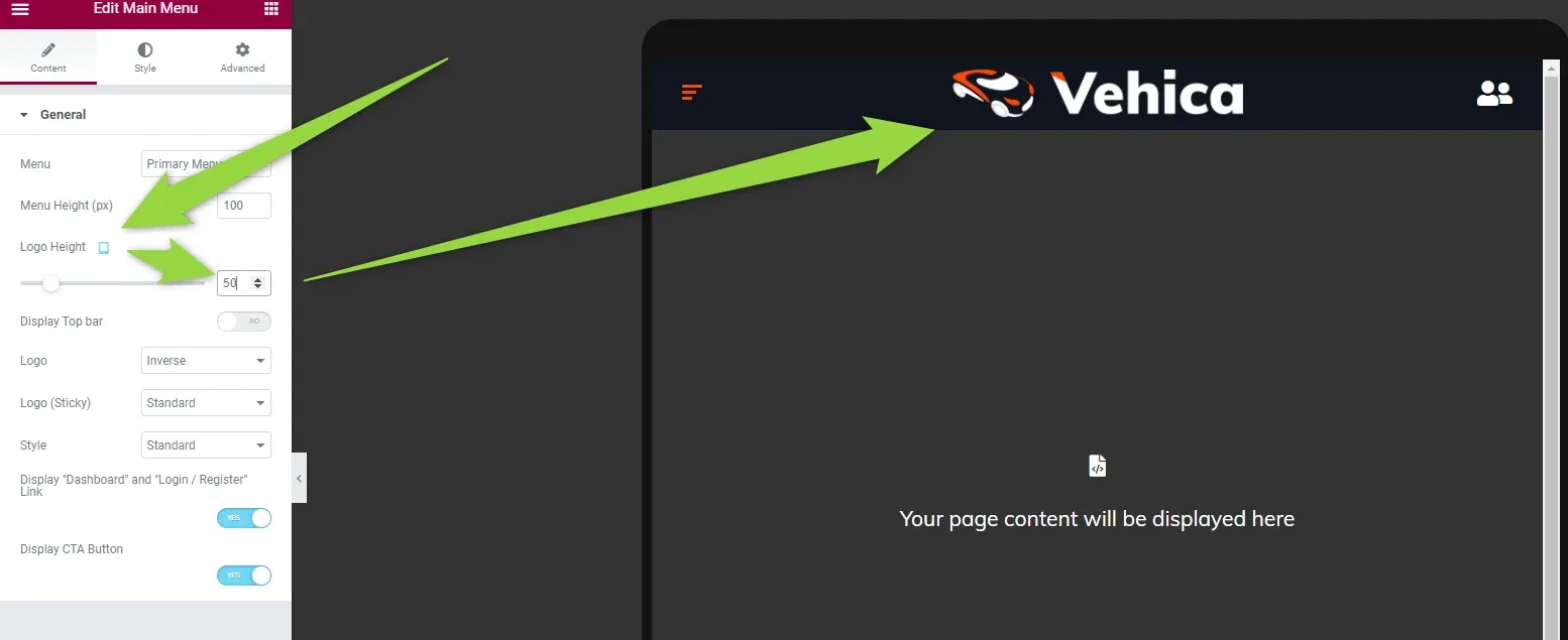 Elementor switched to the narrow tablet/mobile preview — hamburger icon, logo and user icon in the header over a “Your page content will be displayed here” placeholder — with arrows pointing to the Logo Height control and to the logo