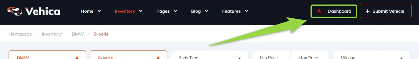 Vehica site header with the “Dashboard” link highlighted next to the “+ Submit Vehicle” button, above the inventory filter bar