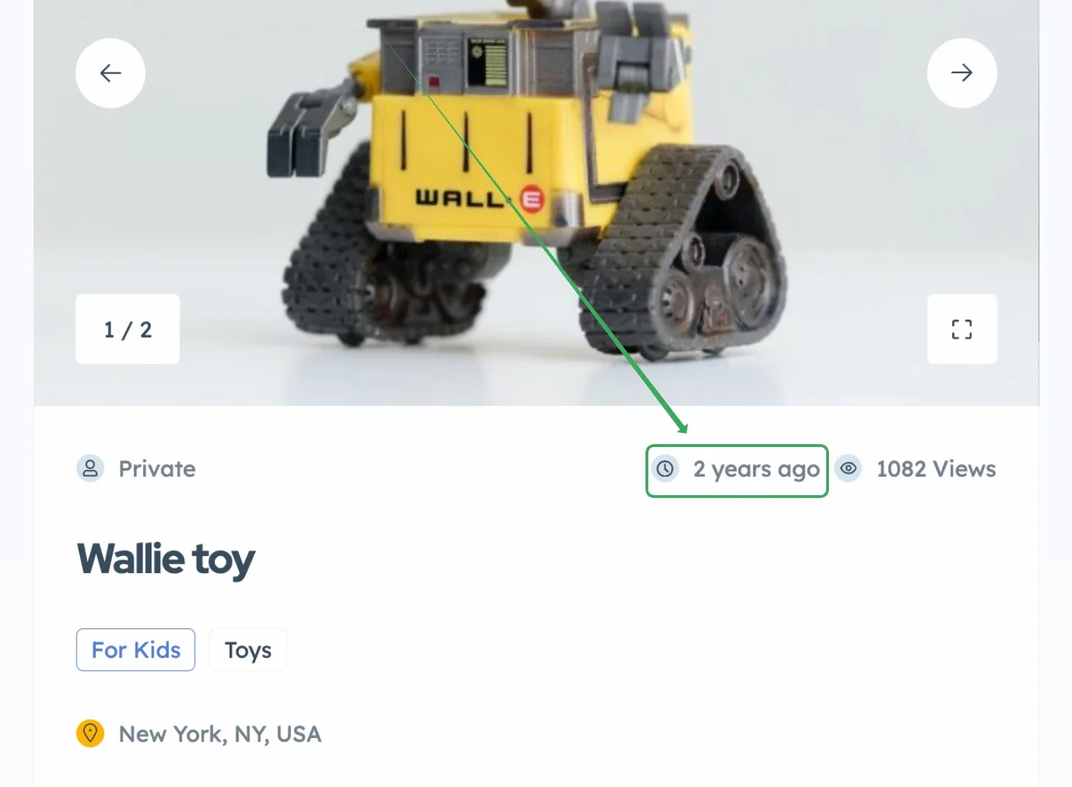 A single ad page for a yellow toy truck titled "Wallie toy", where the highlighted date line under the photo reads "2 years ago" next to 1082 Views.
