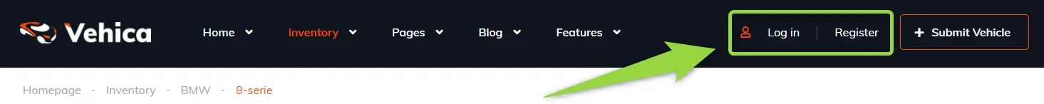 The same Vehica header for a visitor who is not logged in, with the “Log in” and “Register” links highlighted next to the “+ Submit Vehicle” button