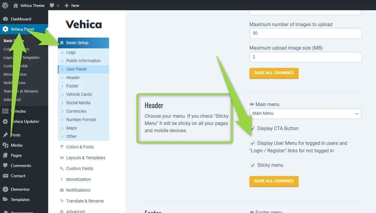 Vehica Panel > Basic Setup open in the WordPress admin, with the Header section selected and the “Display User Menu for logged in users and “Login / Register” links for not logged in” checkbox ticked