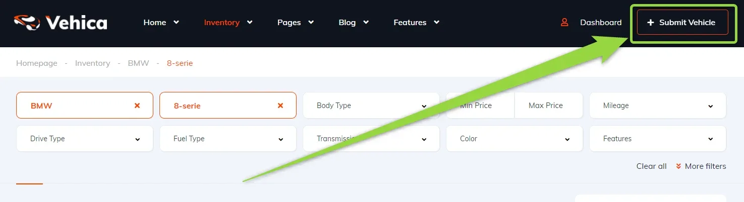 Vehica site header with the “+ Submit Vehicle” button outlined and marked by a green arrow, next to the “Dashboard” link and above the inventory filter bar
