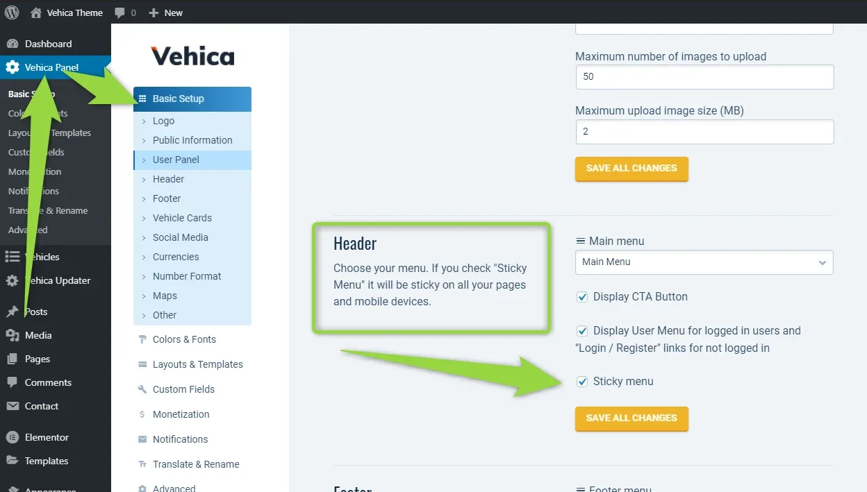 Vehica Panel > Basic Setup open in the WordPress admin with the Header section selected; a green arrow points at the ticked “Sticky menu” checkbox, just above the Save all changes button