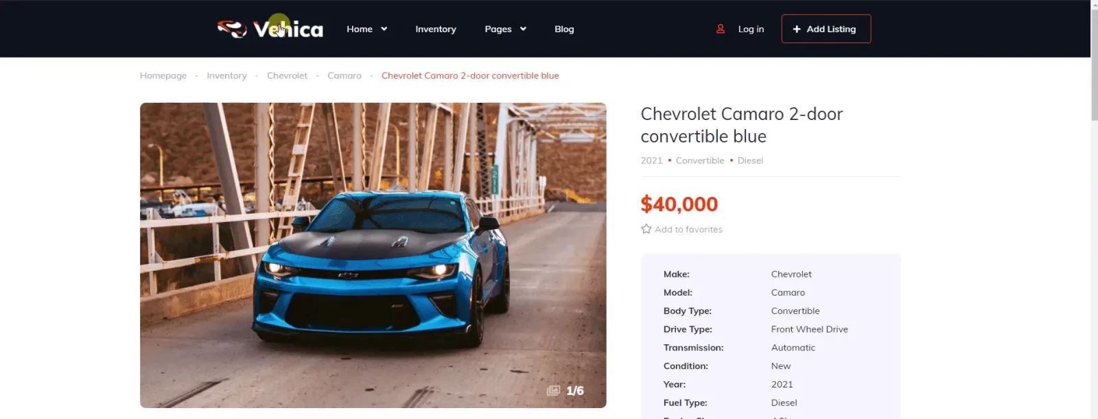 A Vehica listing page for a Chevrolet Camaro 2-door convertible at $40,000, with the logo, the Home, Inventory, Pages and Blog links and the Log in and “+ Add Listing” buttons grouped in a narrow centred strip inside the full-width dark header bar