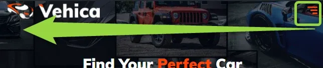 Vehica mobile header over the homepage hero: the logo on the left, the hamburger icon boxed on the right, and a long green arrow pointing from the icon across to the left