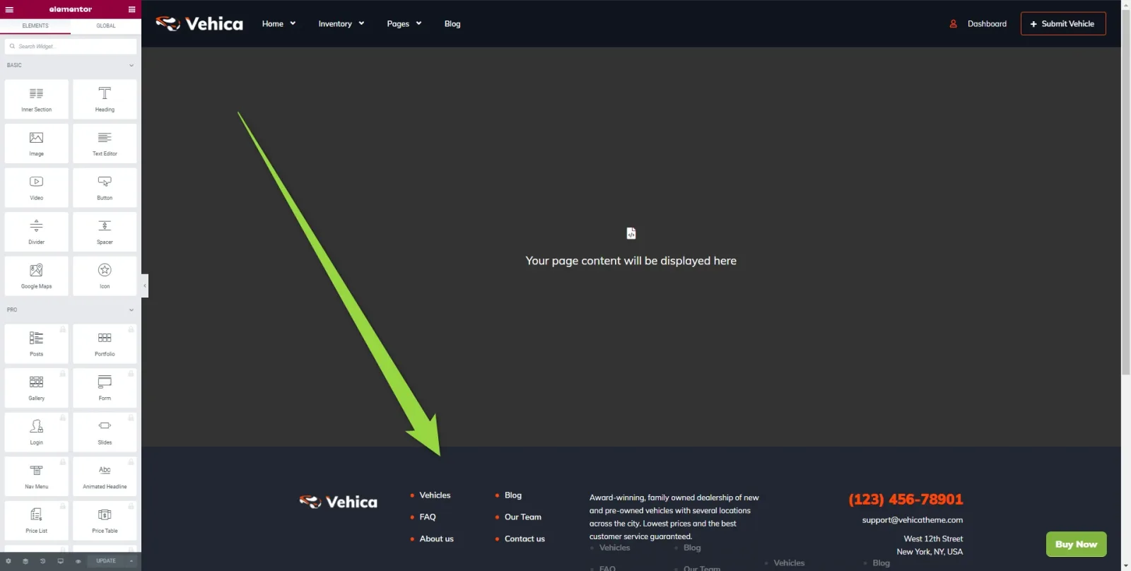 The layout open in Elementor: the header at the top, a "Your page content will be displayed here" placeholder in the middle, and the dark footer with logo, link columns, phone number and address at the bottom