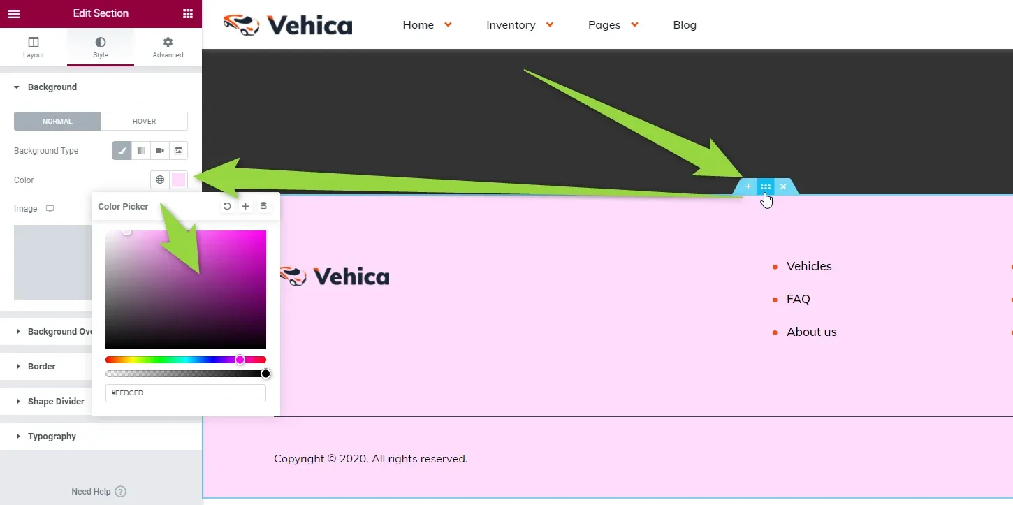 Elementor's "Edit Section" panel open on the footer with the background color picker showing, and the footer section in the preview turned pink