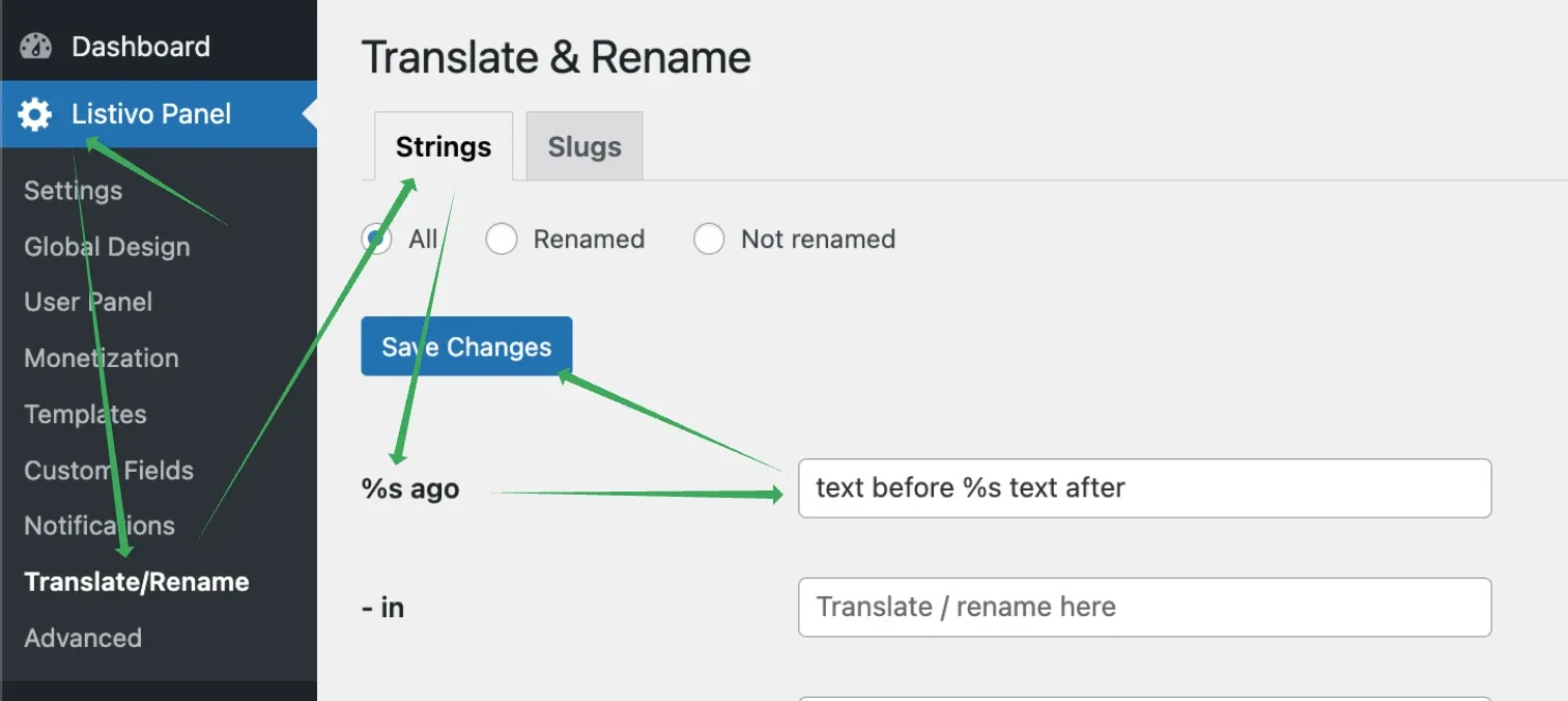 The Translate & Rename screen with the Strings tab open, where the "%s ago" string has been filled in with "text before %s text after". The sidebar menu reads Listivo Panel.