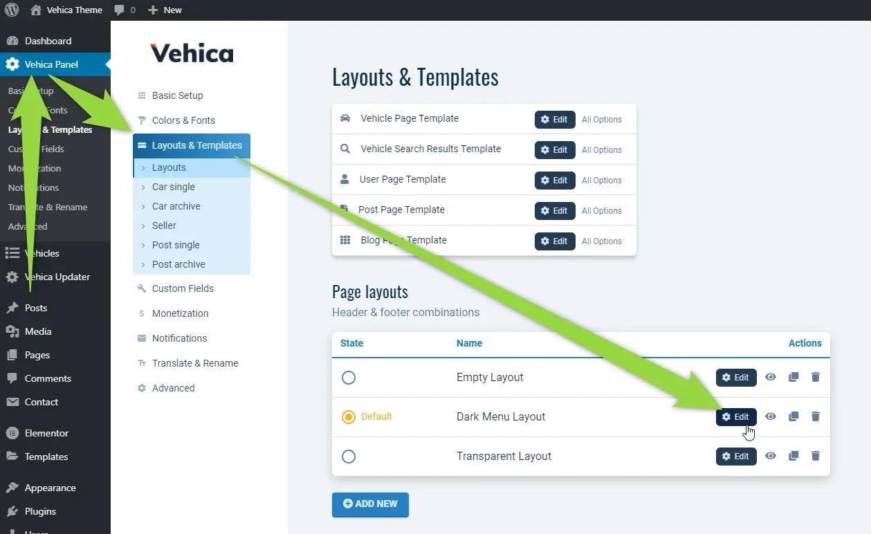 Layouts & Templates screen in wp-admin with the Page layouts list — Empty Layout, Dark Menu Layout marked Default, Transparent Layout — and arrows pointing to the Layouts & Templates menu item and to the Edit button of Dark Menu Layout