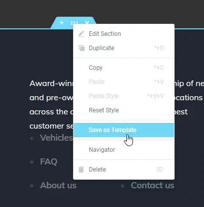 Elementor section context menu opened from the blue section handle, with options Edit Section, Duplicate, Copy, Paste, Paste Style, Reset Style, Save as Template (highlighted), Navigator and Delete
