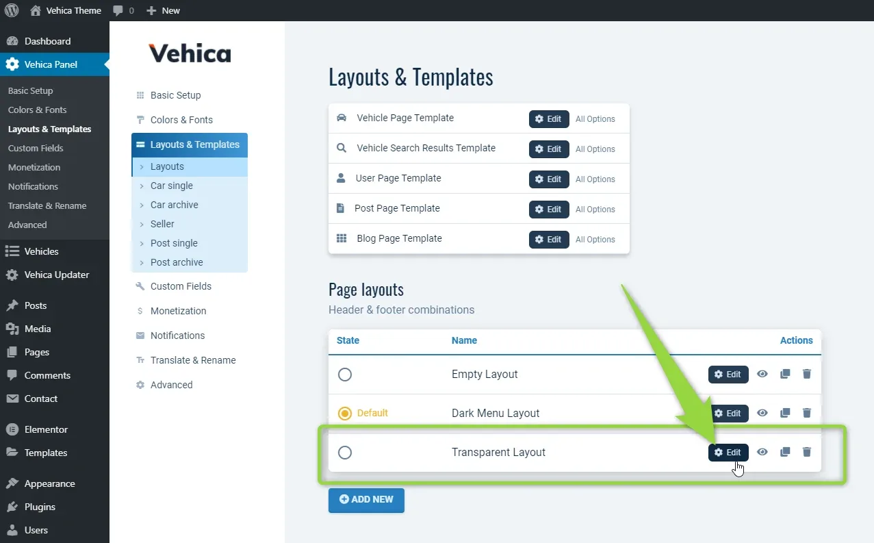 The same Page layouts list with an arrow pointing to the Edit button of the Transparent Layout row