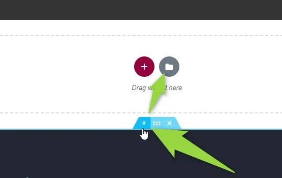 Empty Elementor section showing the pink plus button and the grey folder (Add Template) button with the "Drag widget here" hint, and arrows pointing at the folder icon and the section toolbar