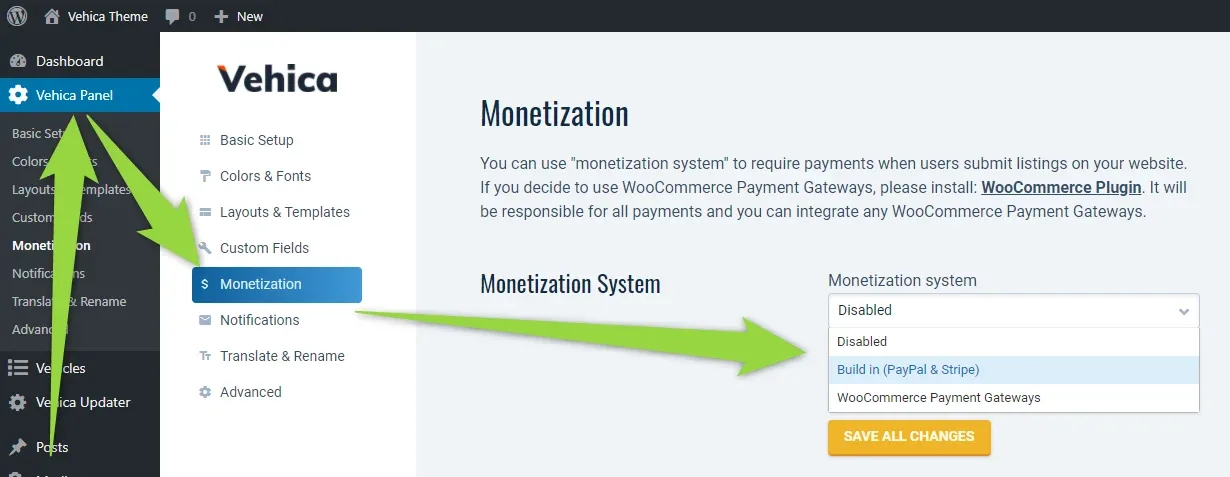 The Monetization page of the Vehica Panel with the "Monetization system" dropdown open, offering Disabled, Built-in (PayPal & Stripe) and WooCommerce Payment Gateways, above a SAVE ALL CHANGES button.