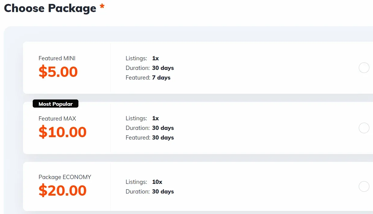 The front-end "Choose Package" step with three cards: Featured MINI $5.00 (1 listing, 30 days, featured 7 days), Featured MAX $10.00 badged "Most Popular" (1 listing, 30 days, featured 30) and Package ECONOMY $20.00 (10 listings, 30 days).