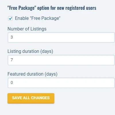 The "Free Package" option for new registered users: Enable "Free Package" is ticked, Number of Listings is 3, Listing duration (days) is 7 and Featured duration (days) is 0, above the SAVE ALL CHANGES button.
