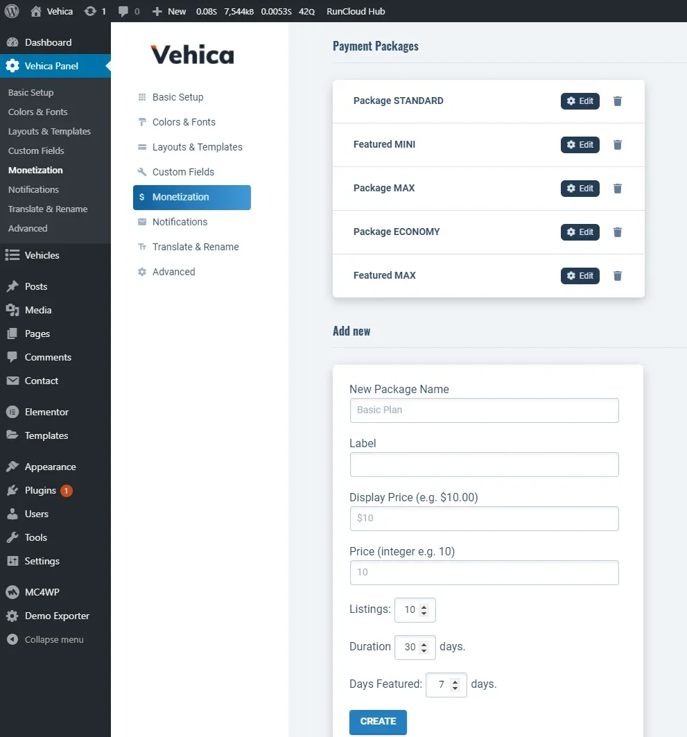 The Payment Packages list in the Monetization panel — Package STANDARD, Featured MINI, Package MAX, Package ECONOMY and Featured MAX, each with Edit and delete buttons — above an "Add new" form with name, label, price, listings and duration fields.