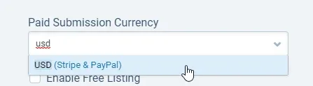 The Paid Submission Currency field with "usd" typed into it and the single matching option, "USD (Stripe & PayPal)", highlighted in the dropdown.