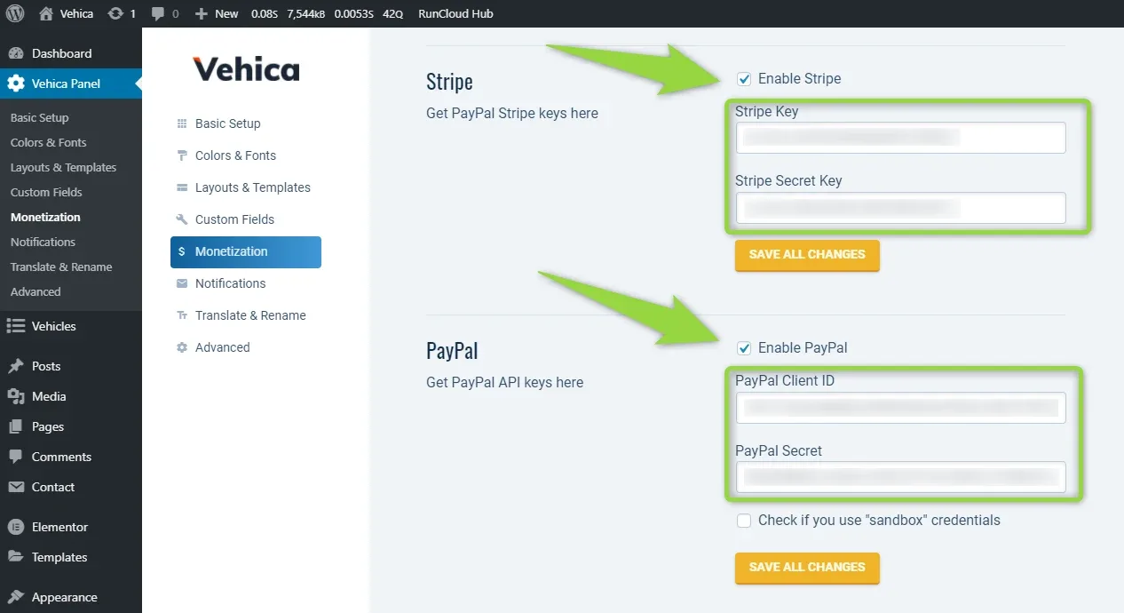 The Monetization panel with a Stripe section (Enable Stripe ticked, empty Stripe Key and Secret Key fields) and a PayPal section (Enable PayPal ticked, empty Client ID and Secret fields); arrows point at both checkboxes and key fields.