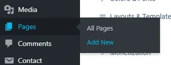 The WordPress admin sidebar with the Pages menu open, showing All Pages and a highlighted Add New item.