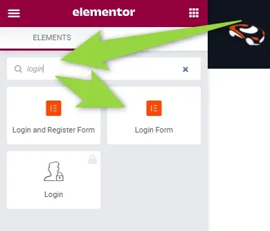 The Elementor elements panel with "login" typed in the search box; arrows point at the search field and at the widget tiles Login and Register Form, Login Form, and a greyed-out Login tile with a padlock.