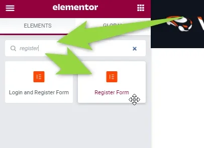 The Elementor elements panel with "register" typed in the search box; arrows point at the search field and at the Login and Register Form and Register Form tiles, with the cursor grabbing Register Form.