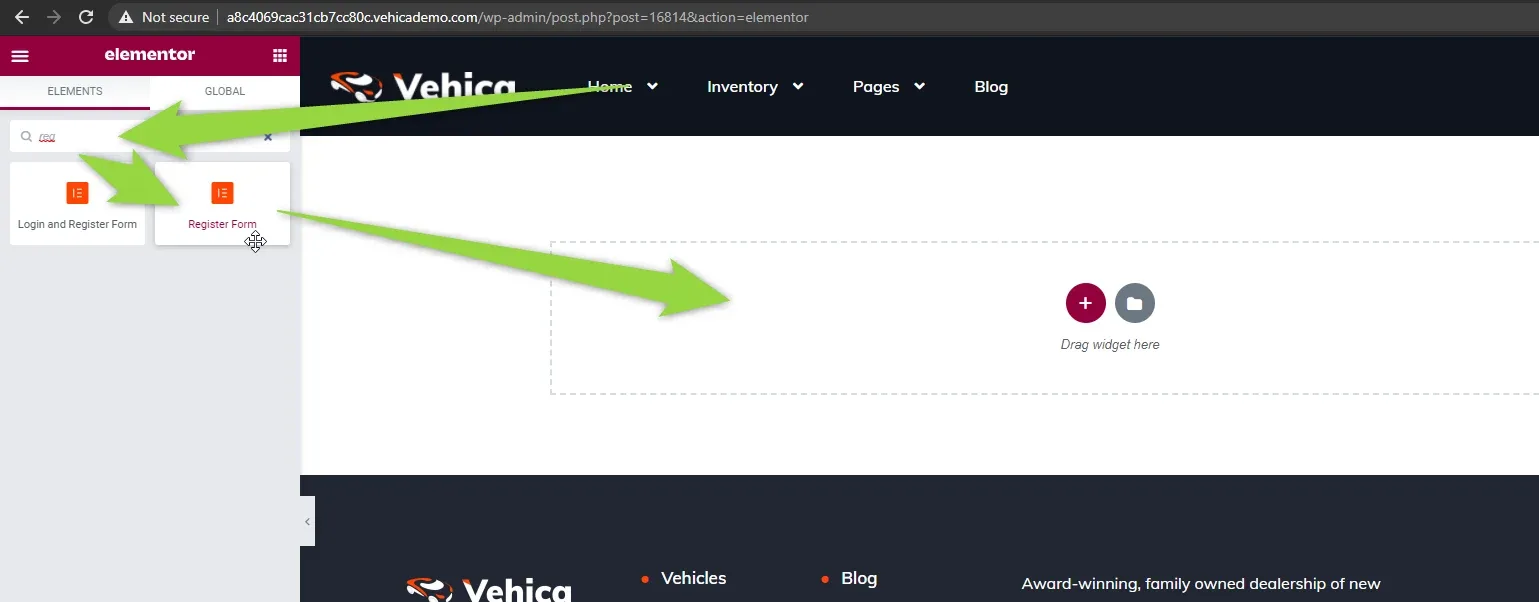 The Elementor editor on a Vehica page, with arrows leading from the widget tiles in the left panel to an empty section containing a round plus button and a "Drag widget here" drop area.