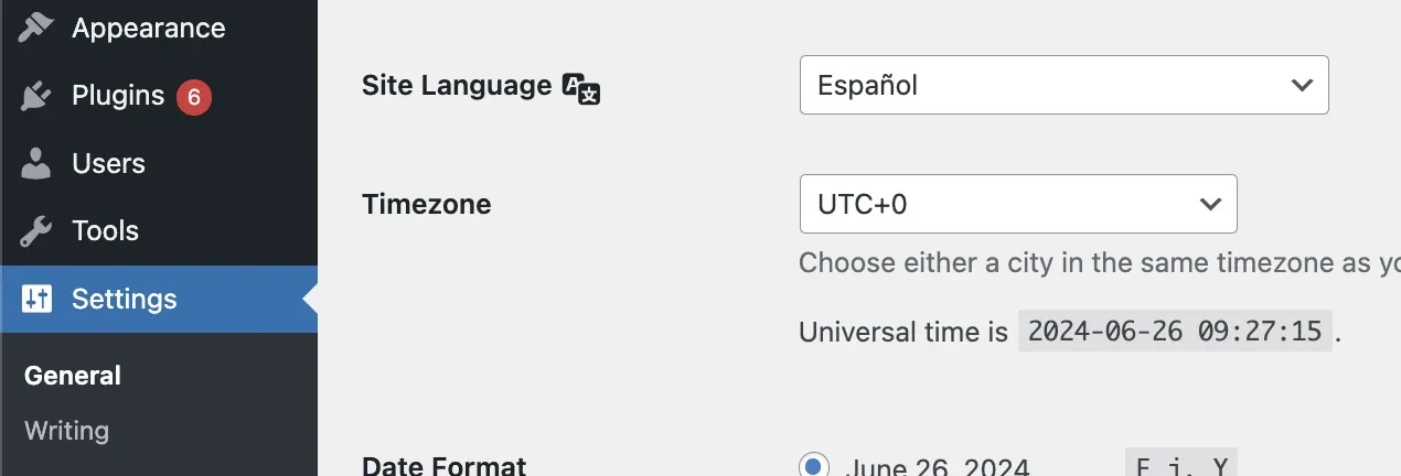 WordPress Settings > General with the Site Language dropdown set to Español.