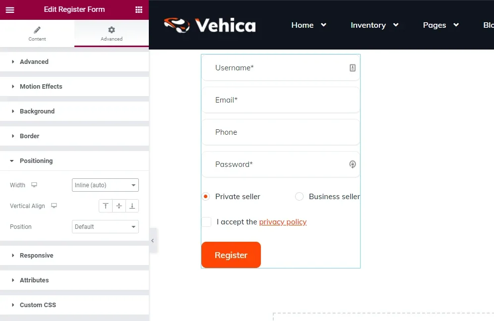 The "Edit Register Form" panel open on the Advanced tab with Positioning expanded and Width set to "Inline (auto)", beside the live preview of the form: Username, Email, Phone, Password, Private/Business seller options and an orange Register button.