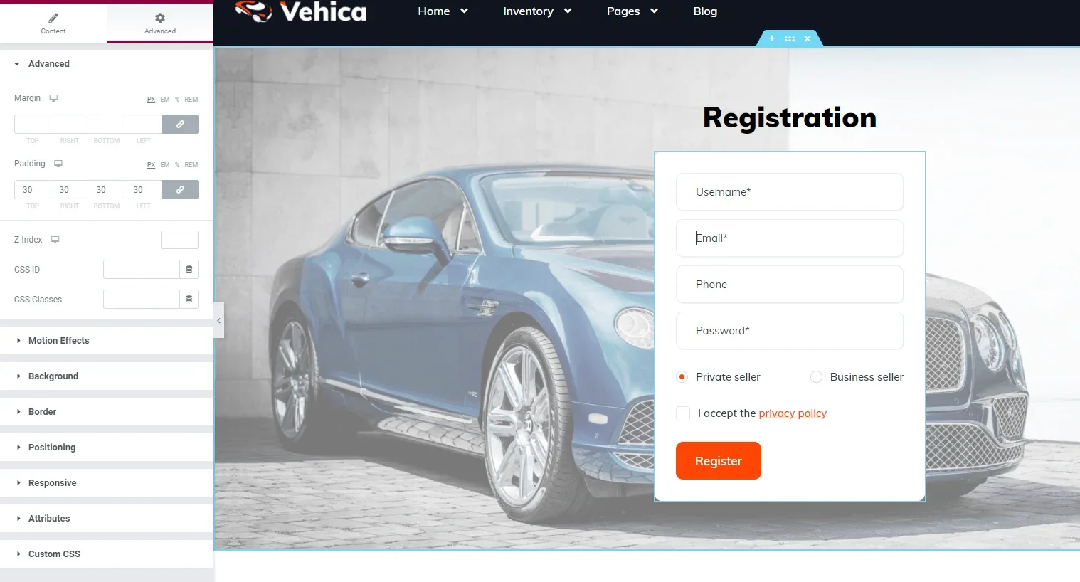 The finished page in Elementor: a "Registration" heading and a white form card with Username, Email, Phone and Password fields, Private seller / Business seller options, a privacy policy checkbox and an orange Register button, over a photo of a blue car.