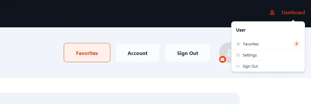The user panel tab bar with only Favorites, Account and Sign Out — no Submit Vehicle or Vehicles tab — and the open Dashboard dropdown in the header listing Favorites, Settings and Sign Out.