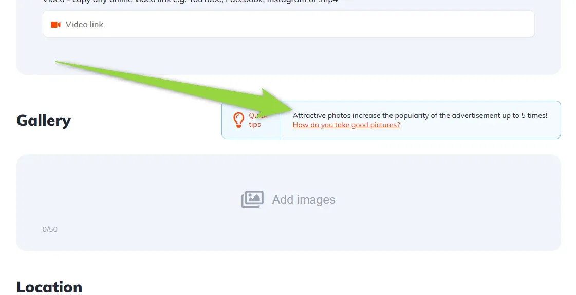 The Gallery section of the Submit Vehicle form with an arrow pointing at the "Quick tips" box: "Attractive photos increase the popularity of the advertisement up to 5 times! How do you take good pictures?", above the Add images drop area.