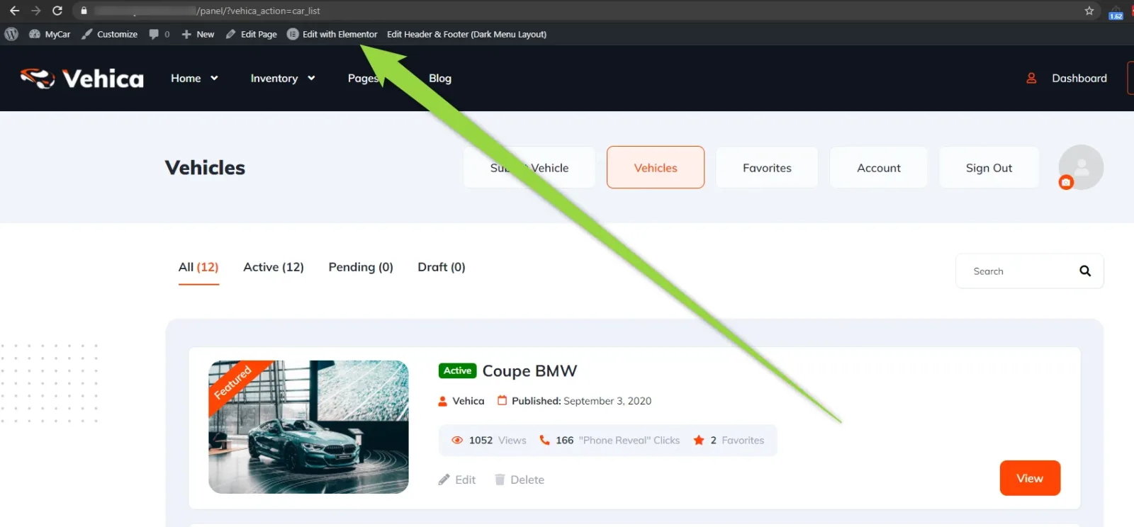The front-end user panel on the Vehicles tab, with an arrow leading from the "Edit with Elementor" button in the WordPress admin bar down onto the page.