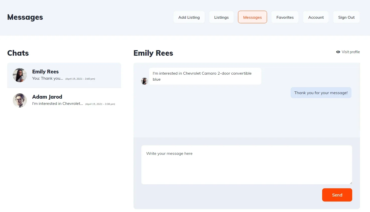 Messages page in the user panel: a Chats column on the left listing two conversations, and the open thread on the right with the seller's replies, a "Write your message here" box and an orange Send button.