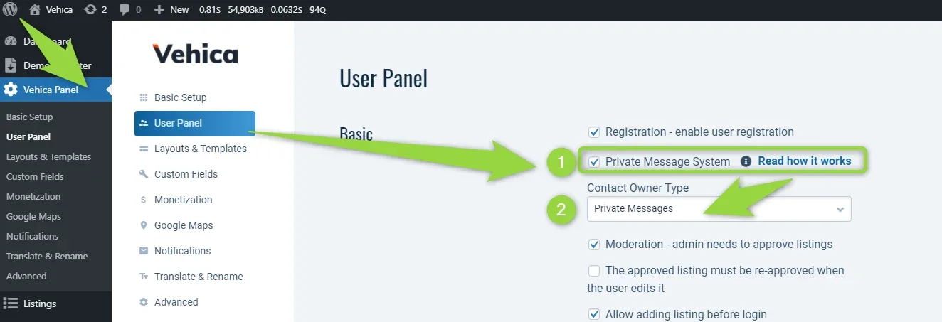 Vehica User Panel settings in the WordPress admin, with arrows pointing at the Private Message System option (1) and the Contact Owner Type dropdown set to Private Messages (2).