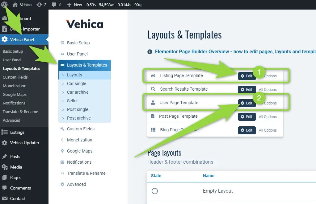 The Layouts & Templates screen in the Vehica panel, with arrows pointing at the Edit buttons of the Listing Page Template (1) and the User Page Template (2).