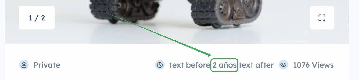 The ad date line now reading "text before 2 años text after", with the Spanish "2 años" highlighted.