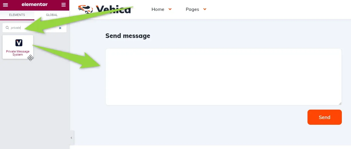 The Elementor editor with a widget tile labelled "Private Message System" in the left elements panel, dragged onto the page next to a "Send message" heading with a large message box and an orange Send button.
