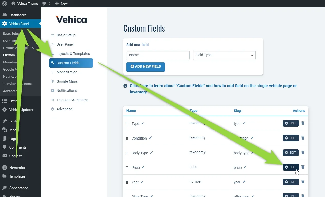 The Custom Fields page in the Vehica Panel; arrows run from the Custom Fields menu item to the Edit button on the Price row of the field table.